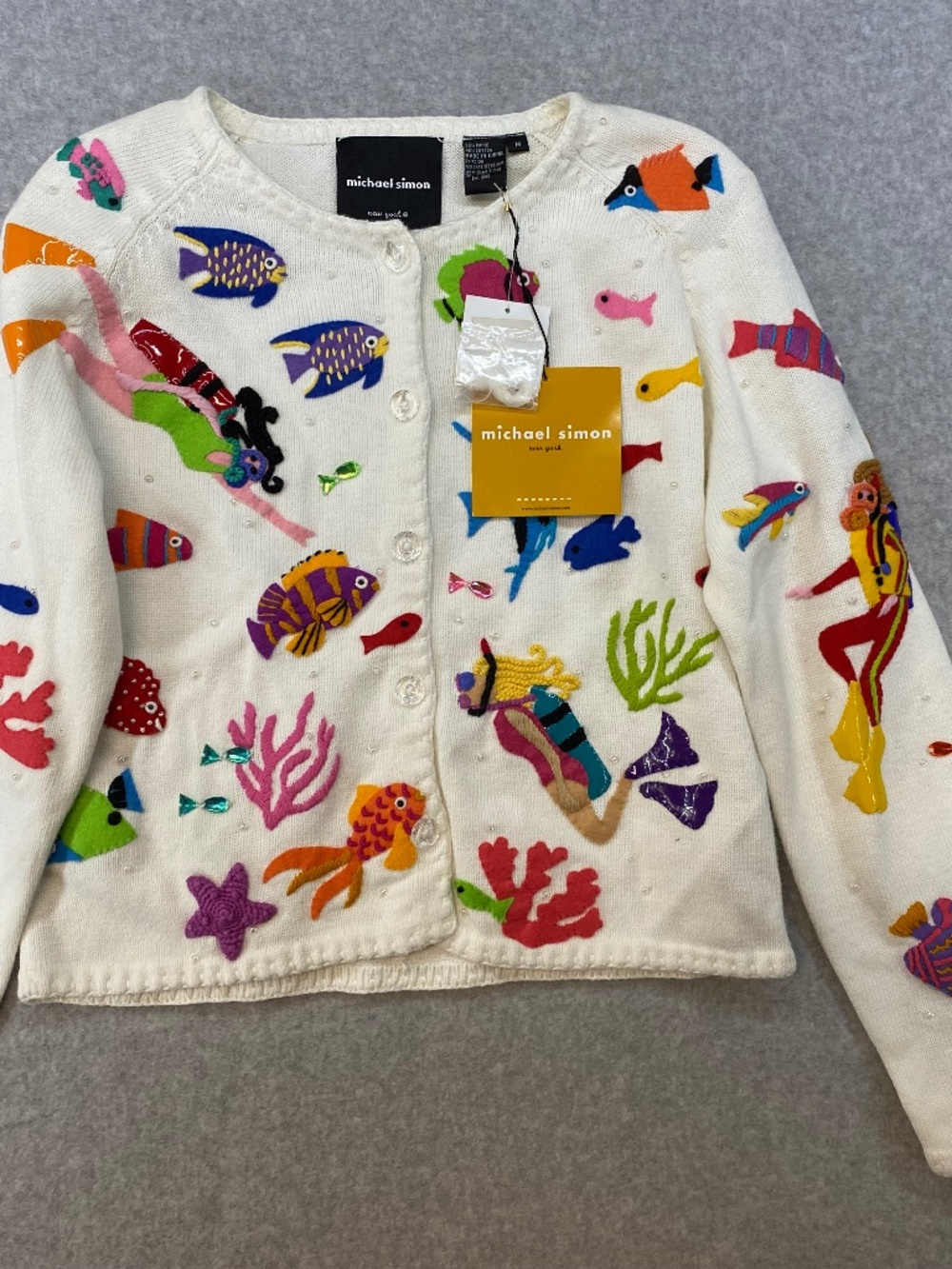 NEW! Vintage Michael Simon Cardigan M • SCUBA Girl Beaded Embroidered • Art
